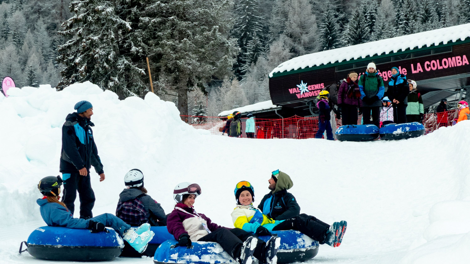 Tubbing on the green run at Le Mollard