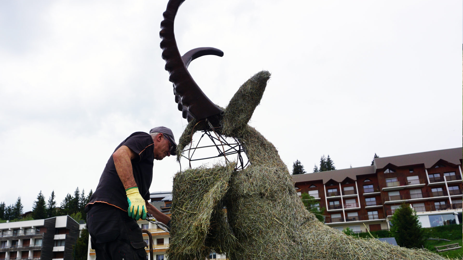 Photo realization sculture bouquetin en paille Chamrousse