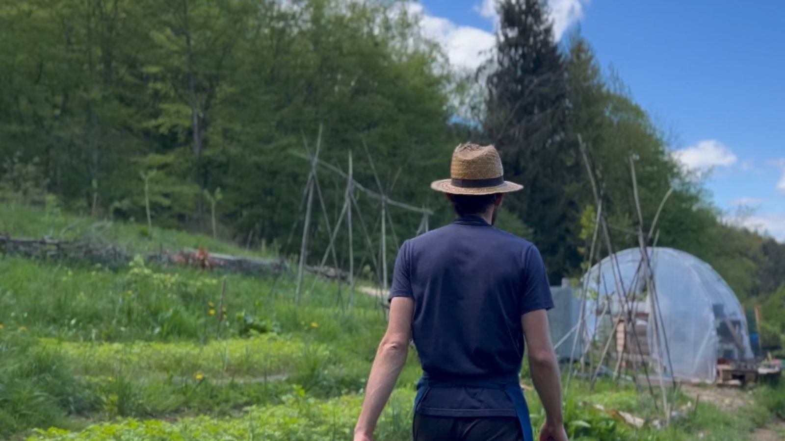 arnaud de dos, une serre est derrière lui