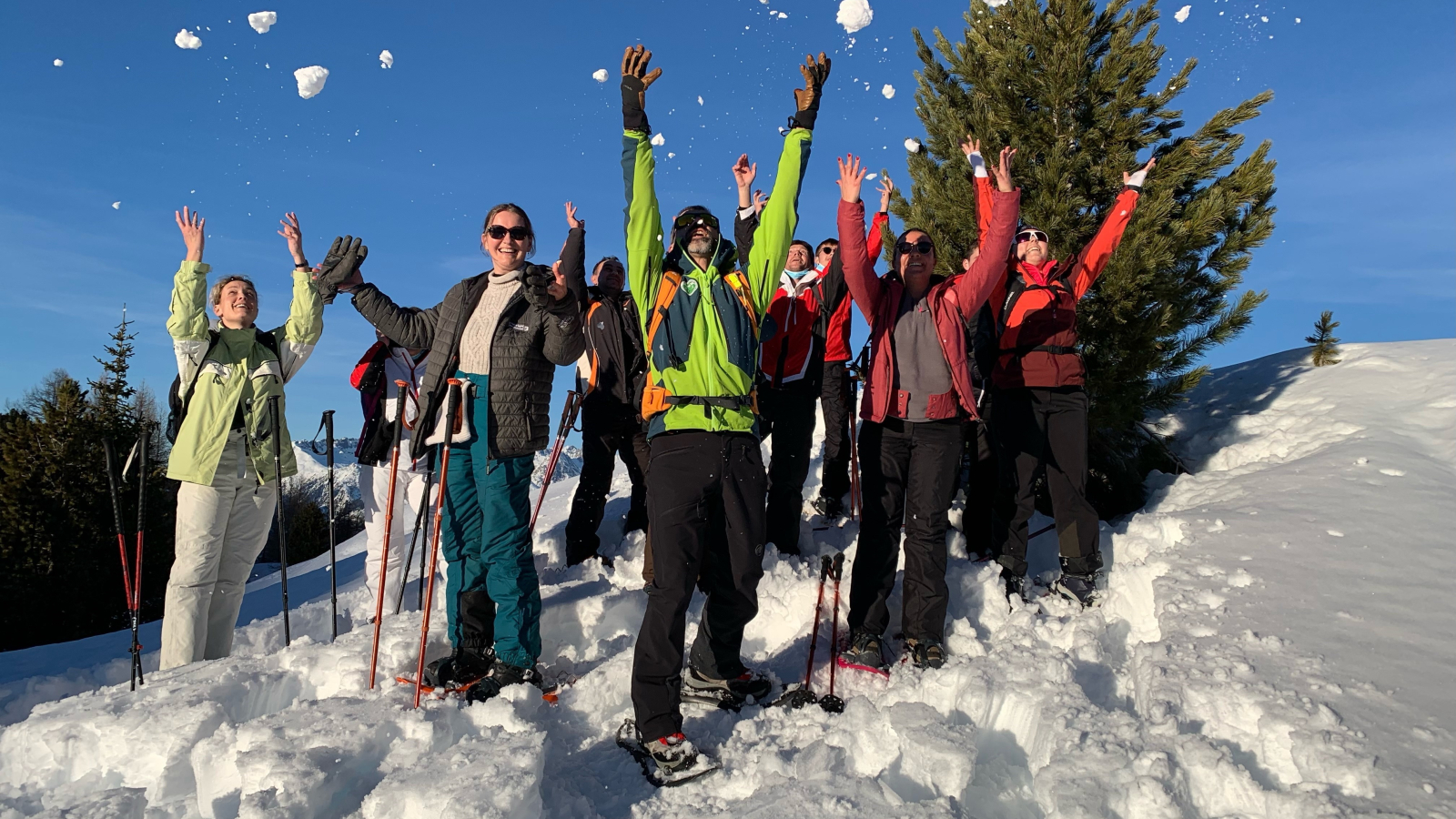 group throwing snowballs