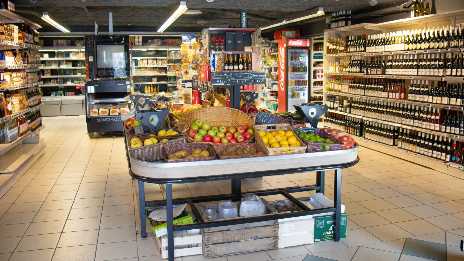 Inside the mini-market seen from the main entrance