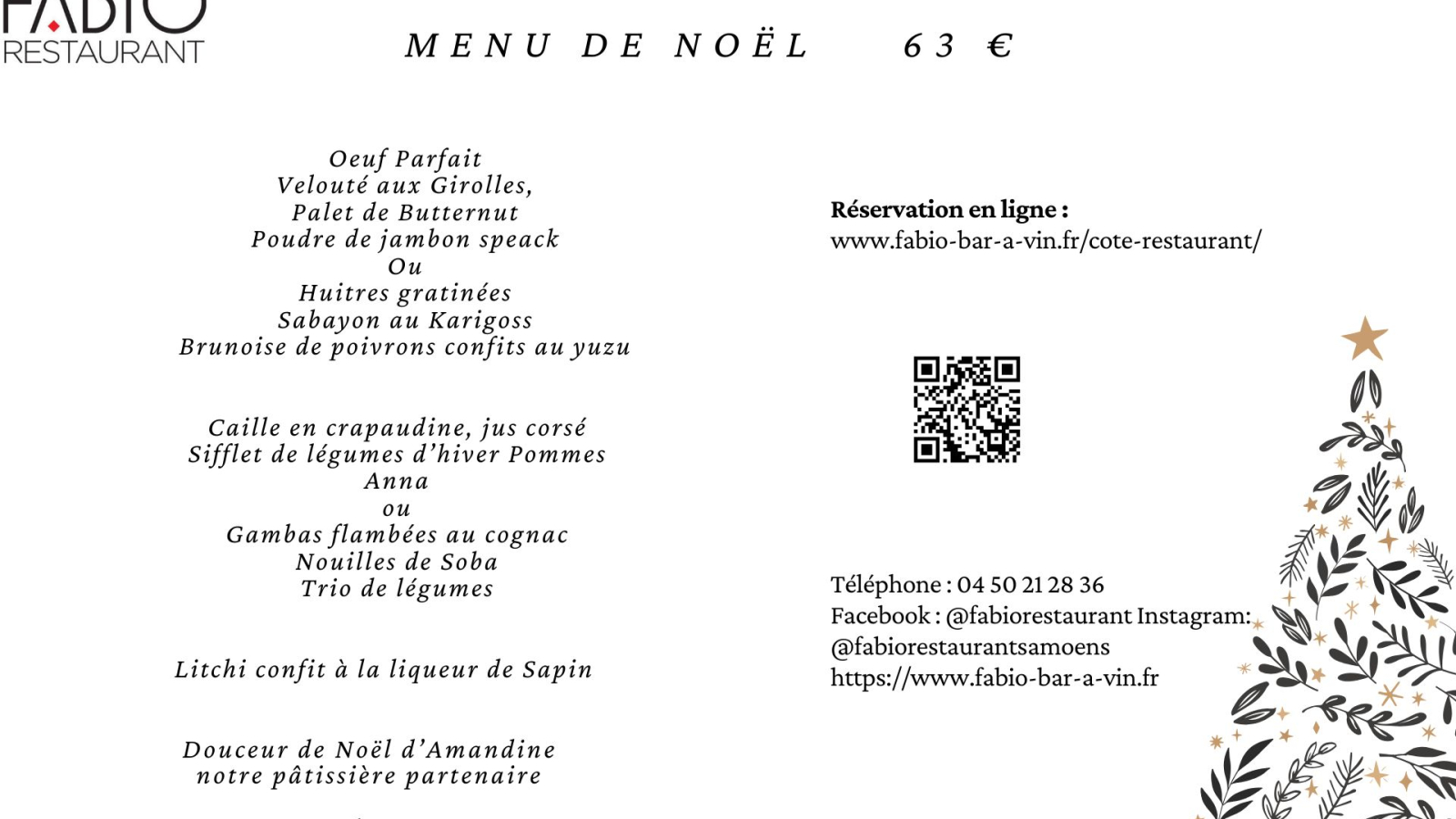 Menu de Noel 2024 - Fabio Restaurant de Samoëns Grand Massif