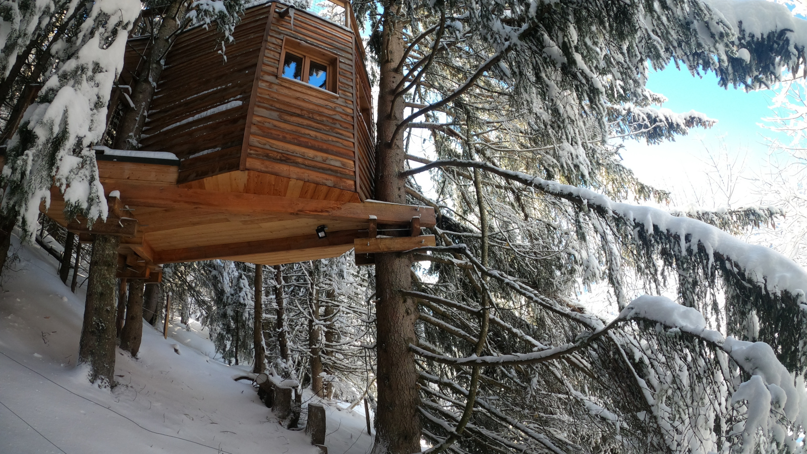 cabane dans les arbres neige