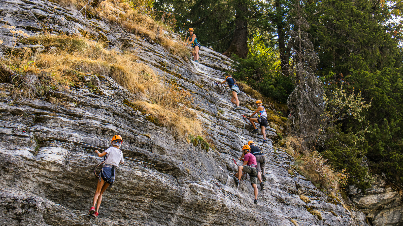 A family with children and adults doing the last part of the activity on the cliffs