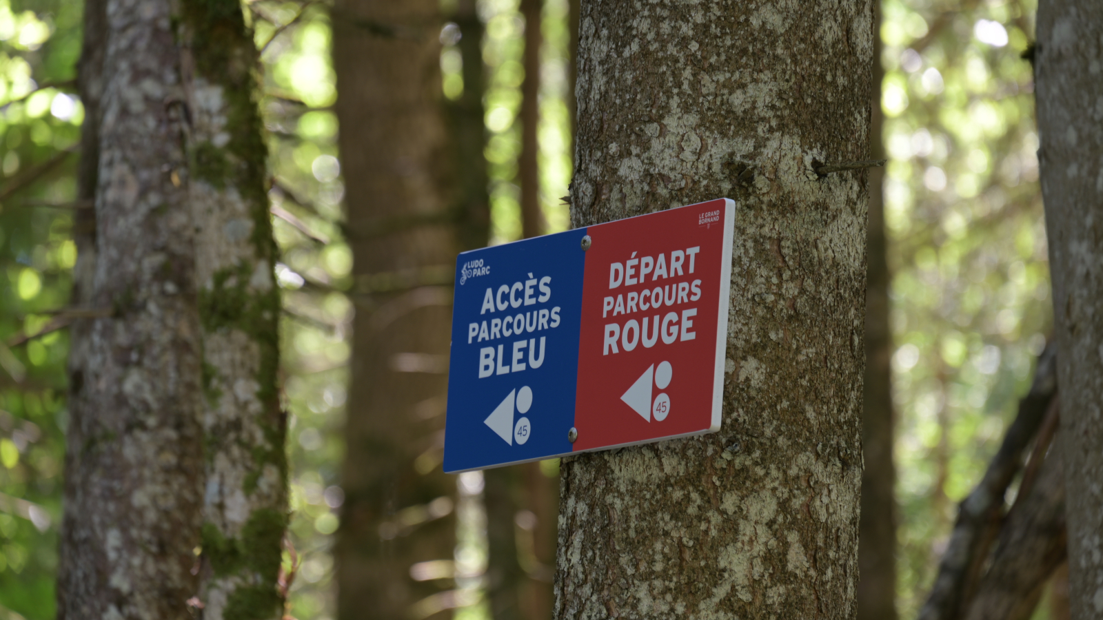 Balisage du ludopark avec 2 panneaux pour les parcours bleu et rouge