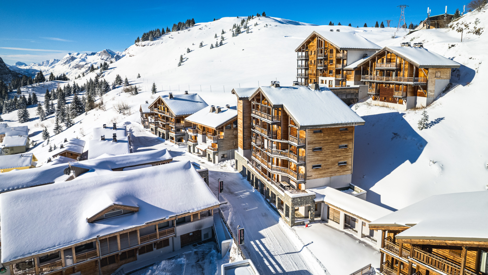 Aerial view of the various chalets in the residence