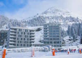 The exterior of the hotel from the Front de Neige ski slopes