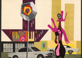 Illustration d'une créature non identifiée se tient au milieu d'un paysage urbain.