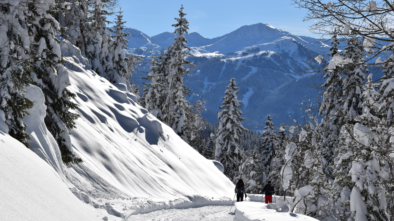 View of the groomed track and hikers in the winter actvity area at La Côte d'Aime