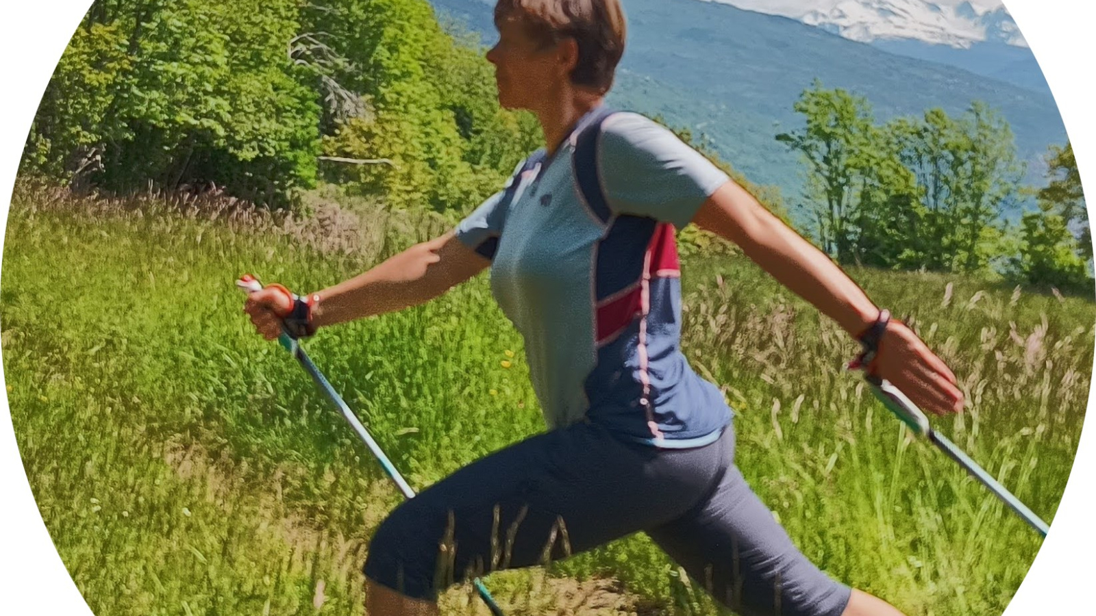 Nordic walking, a long stride that uses the arms and the whole body